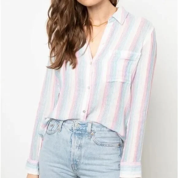 Rails Ellis Iris Gauze Long Sleeve Blouse Stripes Summer Medium - Picture 1 of 12